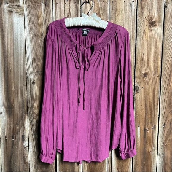 torrid Tops - Torrid Pink/Magenta Sheer Long Sleeve Tie Neck Blouse/Shirt Womens Size 1- AS IS
